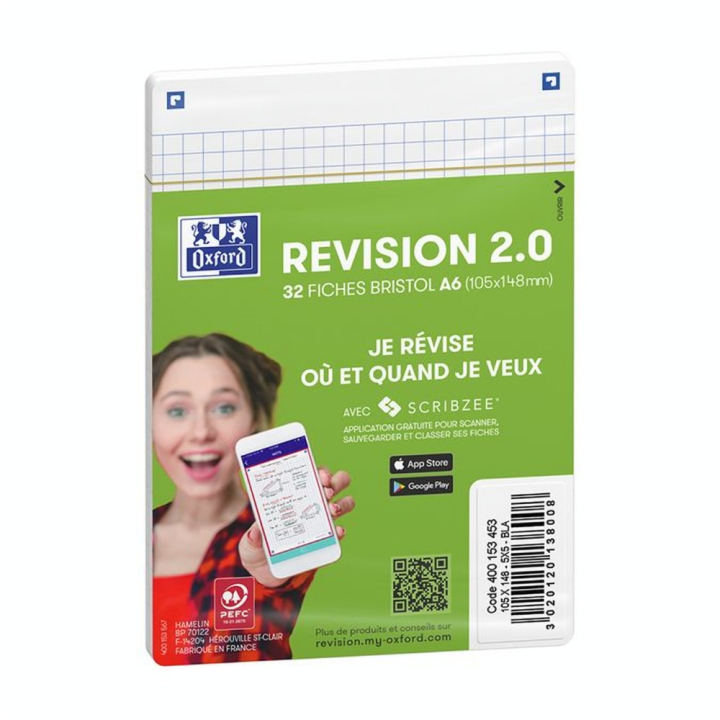 Fiche Bristol Révision 2.0 Non perforée 32 pcs A6 10.5 x 14.8 cm Blanc - Oxford - Rougier et Plé