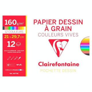 Pochette de papier Dessin à Grain A4 21 x 29,7 cm 160 g/m² 12 feuilles Couleurs Vives - Clairefontaine - Rougier et Plé