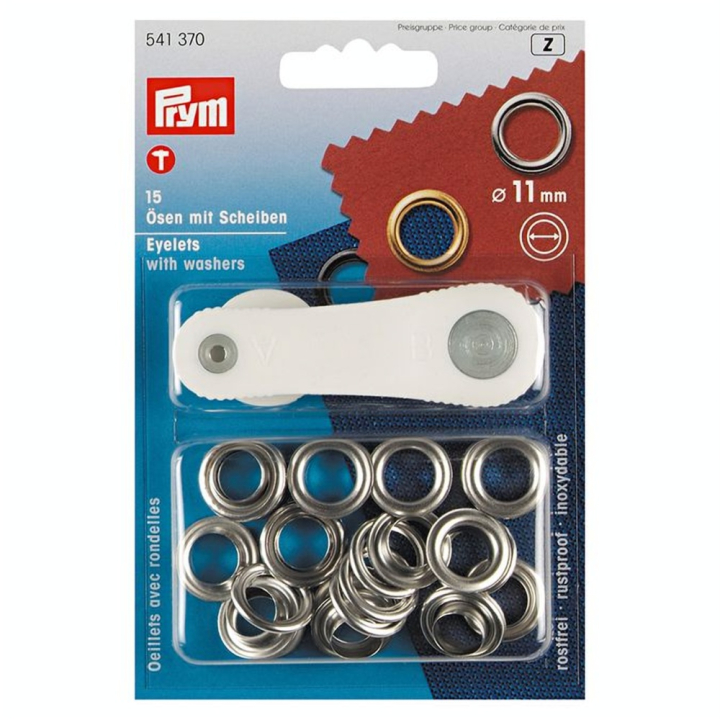 Œillets et rondelles Laiton 11 mm 15 pcs Argent + Outil de pose - Prym - Rougier et Plé