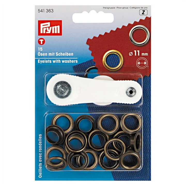 Œillets et rondelles Laiton 11 mm 15 pcs Laiton antique + Outil de pose - Prym - Rougier et Plé