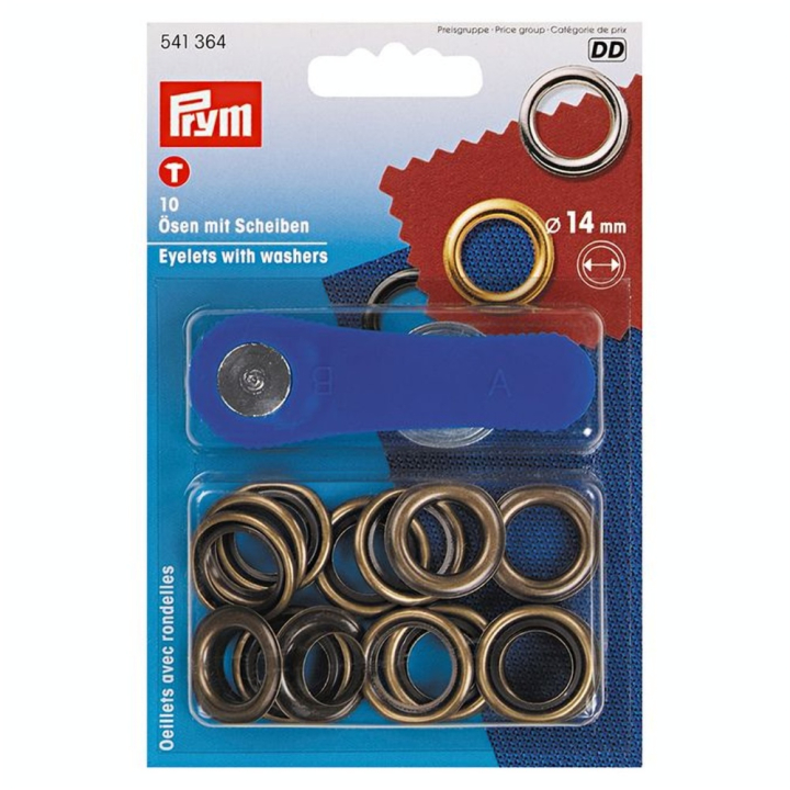 Œillets et rondelles Laiton 14 mm 10 pcs Laiton antique + Outil de pose - Prym - Rougier et Plé