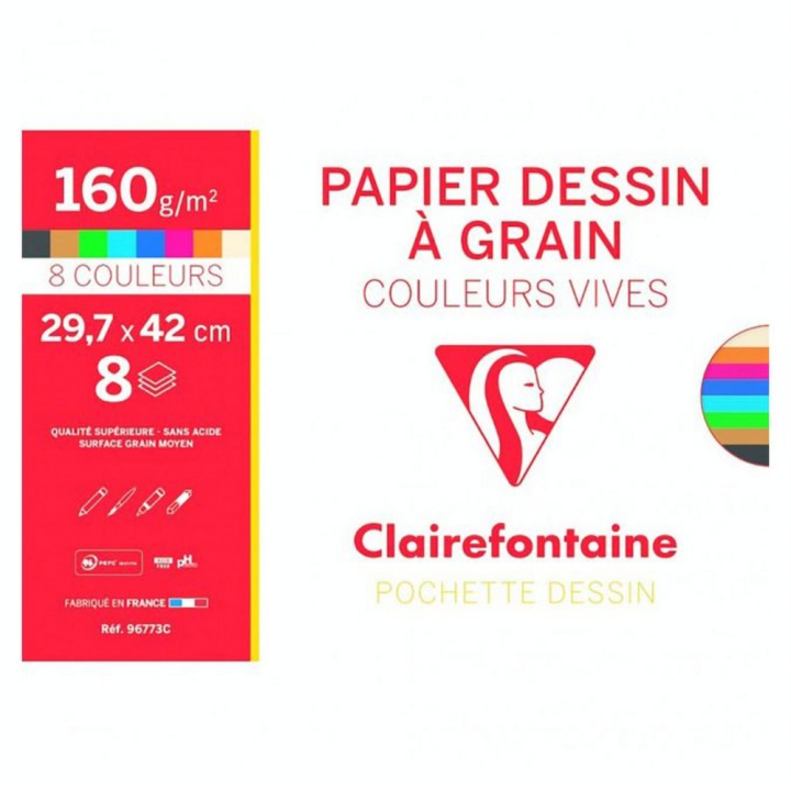 Pochette Dessin à Grain 160 g/m² A3 29.7 x 42 cm 8 Couleurs vives - Clairefontaine - Rougier et Plé