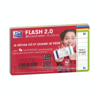 Fiche Bristol Flash 2.0 32 pcs 7.5 x 12.5 cm 4 couleurs assorties - Oxford - Rougier et Plé