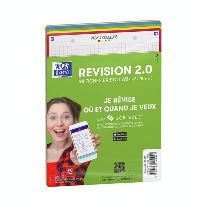 Fiche Bristol Révision 2.0 A5 14.8 x 21 cm 32 pcs Perforée 4 Couleurs assorties - Oxford - Rougier et Plé