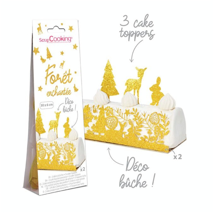 Déco Bûche de Noël + Cake Toppers Kit 5 pcs Doré - ScrapCooking - Rougier et Plé