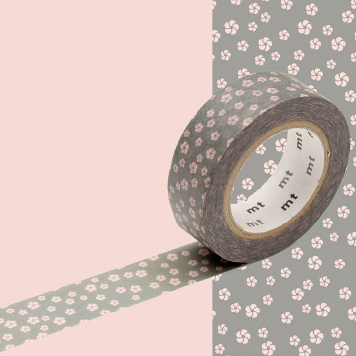 Masking Tape 7 m x 15 mm Fleurs Roses Fond Gris - Masking Tape mt - Rougier et Plé