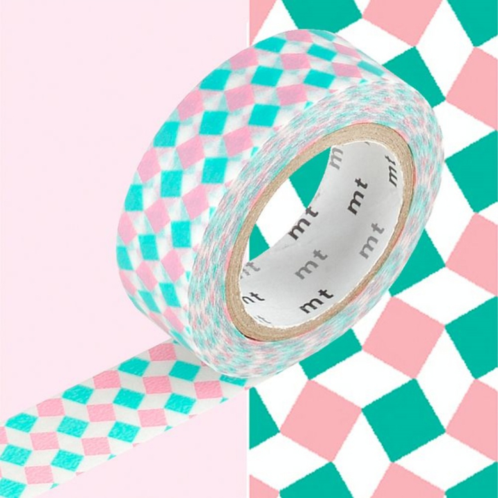 Masking Tape 7 m x 15 mm Petits Carrés Rose & Vert - Masking Tape mt - Rougier et Plé