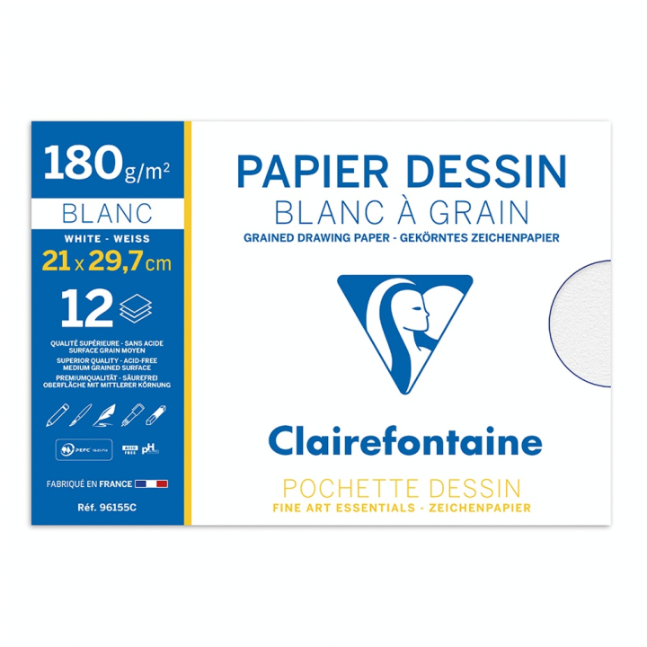 Papier Dessin Blanc à Grain 180 g/m² Pochette - Clairefontaine - Rougier et Plé