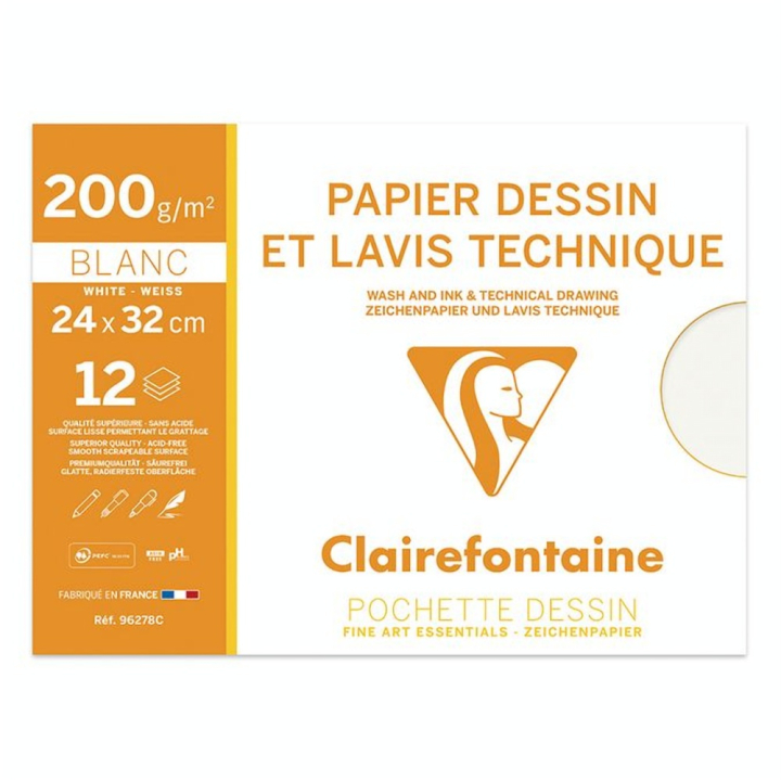Papier Dessin et Lavis Technique 24 x 32 cm 200 g/m² 12 F - Clairefontaine - Rougier et Plé