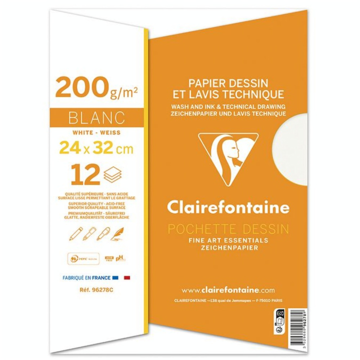 Papier Dessin et Lavis Technique 24 x 32 cm 200 g/m² 12 F - Clairefontaine - Rougier et Plé