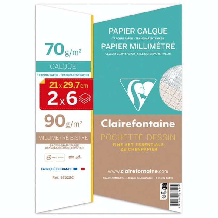 Papier Vélin Calque et Millimétré A4 21 x 29.7 cm 2 x 6 Feuilles - Clairefontaine - Rougier et Plé