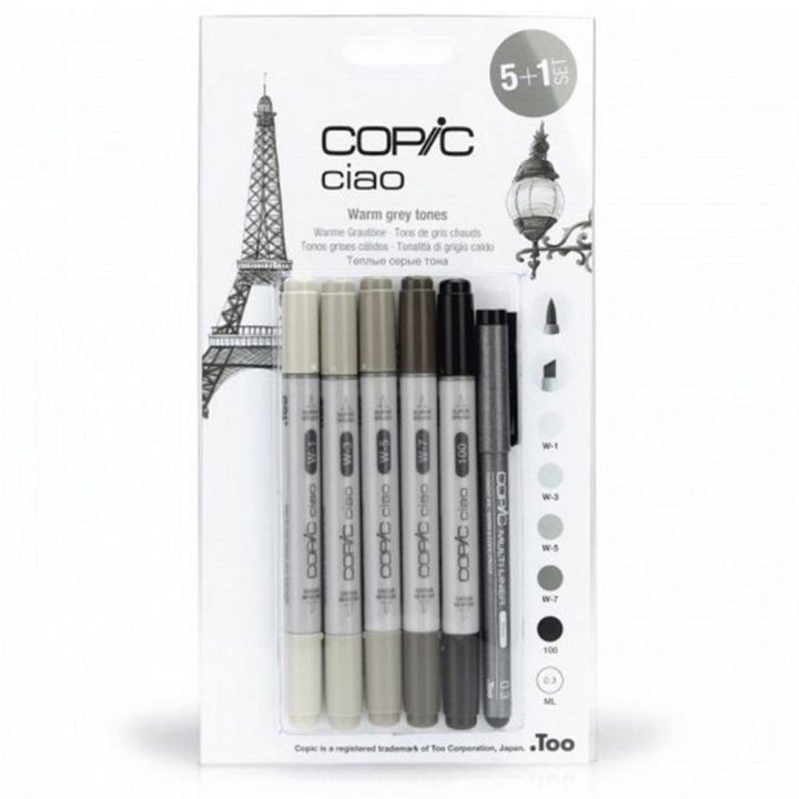 Marqueur Ciao set Gris Chaud - 5 feutres + multiliner - Copic - Rougier et Plé