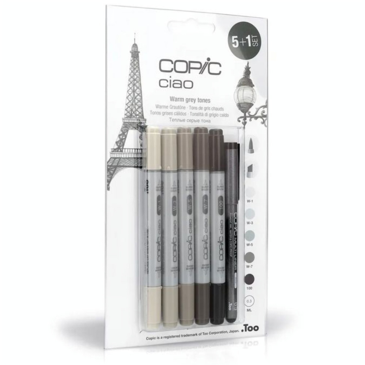 Marqueur Ciao set Gris Chaud - 5 feutres + multiliner - Copic - Rougier et Plé