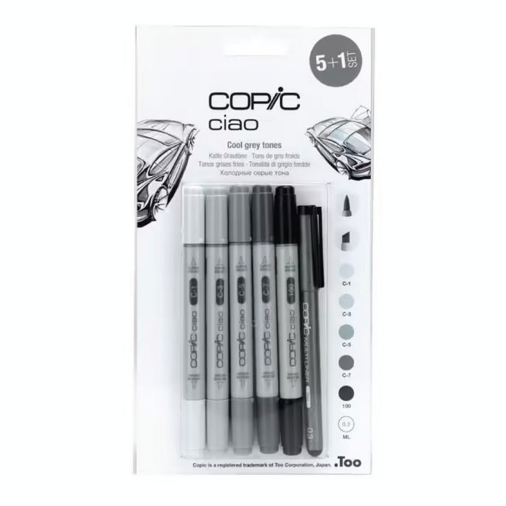 Marqueur Ciao set Gris Froid - 5 feutres + multiliner - Copic - Rougier et Plé