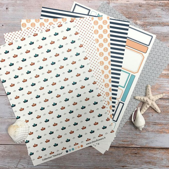 Kit Papier imprimé A4 21 x 29.7 cm Papèterie Créative Nautique 10 pcs - Chou & Flowers - Rougier et Plé