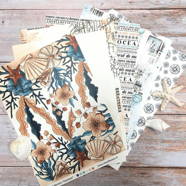 Kit Papier imprimé A4 21 x 29.7 cm Papèterie Créative Nautique 10 pcs - Chou & Flowers - Rougier et Plé
