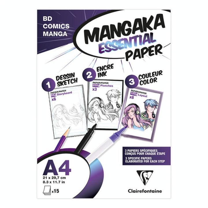 Papier Dessin Mangaka Essential Paper - A4 21 x 29,7 cm - Pochette de 15 feuilles - Clairefontaine - Rougier et Plé