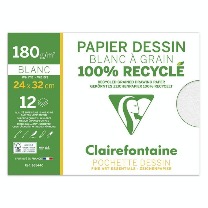 Pochette de Papier Dessin Blanc à Grain 100 % Recyclé 180 g/m² - Clairefontaine - Rougier et Plé