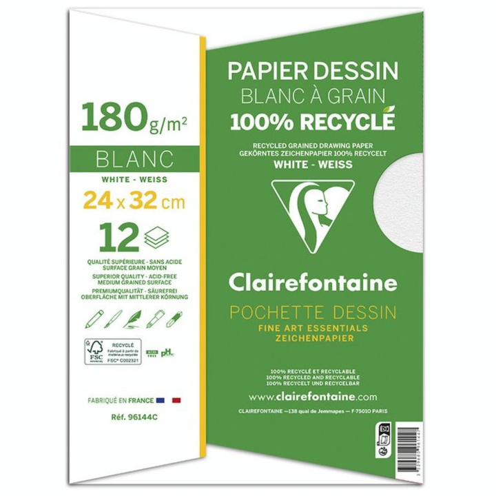 Pochette de Papier Dessin Blanc à Grain 100 % Recyclé 180 g/m² - Clairefontaine - Rougier et Plé
