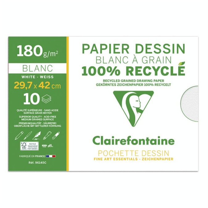Pochette de Papier Dessin Blanc à Grain 100 % Recyclé 180 g/m² - Clairefontaine - Rougier et Plé