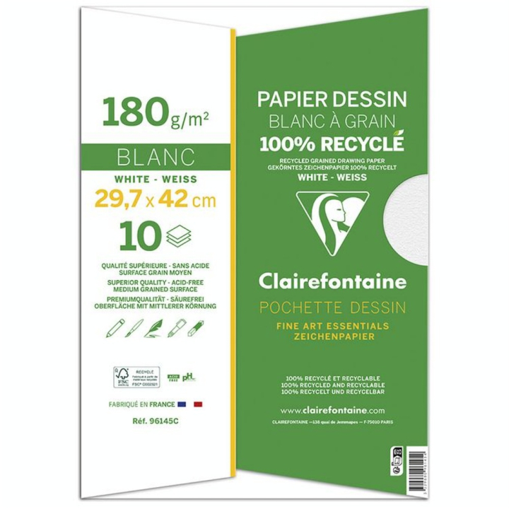Pochette de Papier Dessin Blanc à Grain 100 % Recyclé 180 g/m² - Clairefontaine - Rougier et Plé