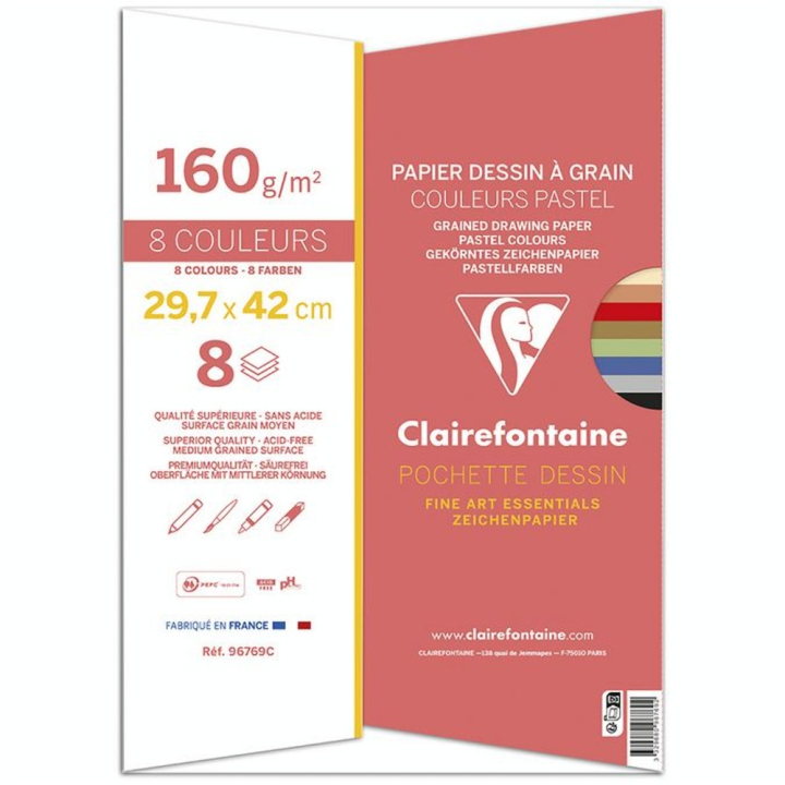 Papier Dessin à Grain A3 29,7 x 42 cm 160 g/m² Pochette de 8 couleurs - Clairefontaine - Rougier et Plé