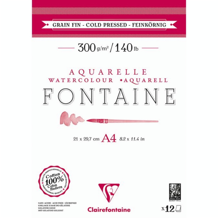 Papier Aquarelle Fontaine 300 g/m² Bloc de 12 Feuilles Grain Fin - Clairefontaine - Rougier et Plé