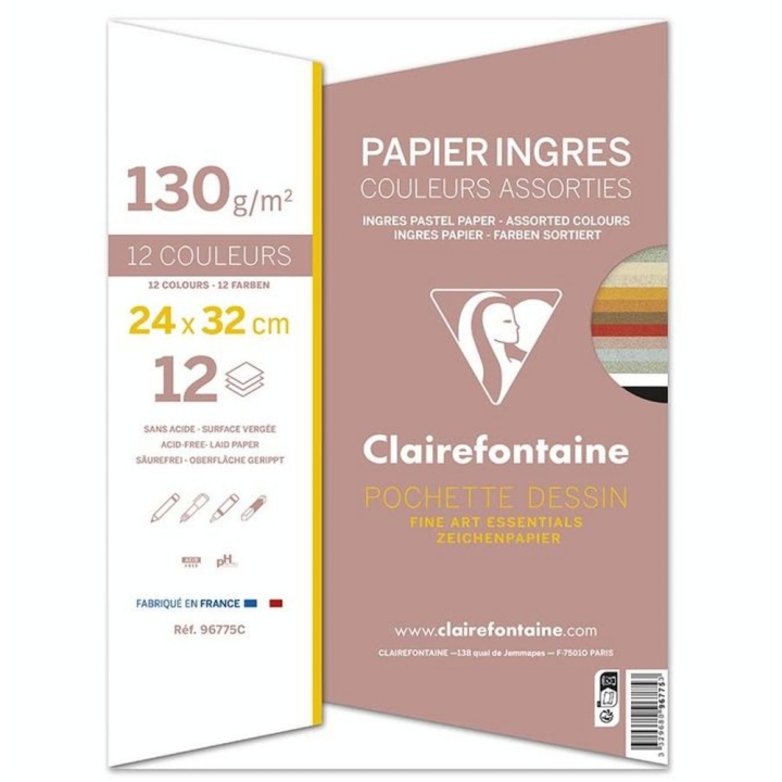 Papier Ingres Pastel 24 x 32 cm 130 g Pochette de 12 Couleurs - Clairefontaine - Rougier et Plé