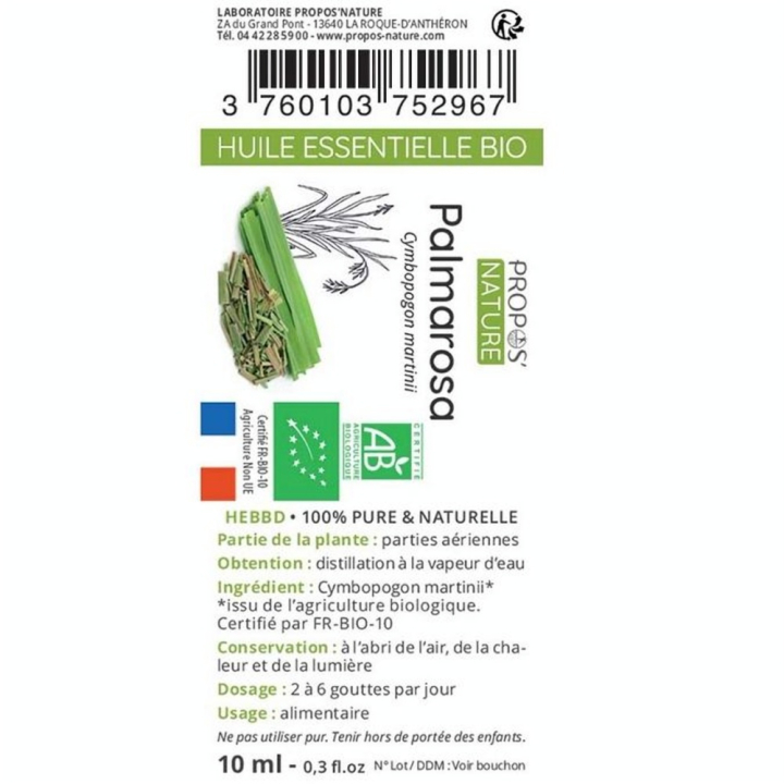 Huile Essentielle Palmarosa Bio 10 ml - Joli'Essence - Rougier et Plé