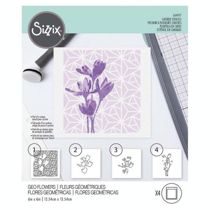 Pochoir à plusieurs couches Geo Flowers 12.5 x 12.5 cm - Sizzix - Rougier et Plé