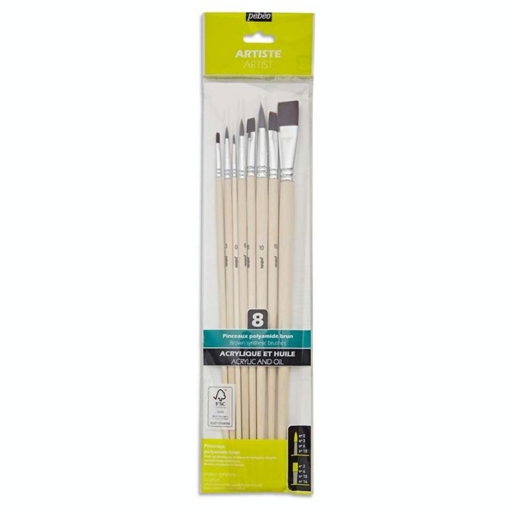 Pinceau long Synthétique Brun 8 pcs Plat + Rond - Pébéo - Rougier et Plé