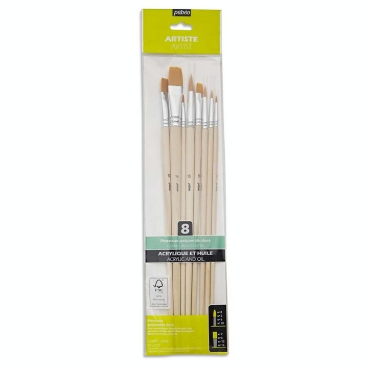 Pinceau long Synthétique Doré 8 pcs Plat + Rond - Pébéo - Rougier et Plé