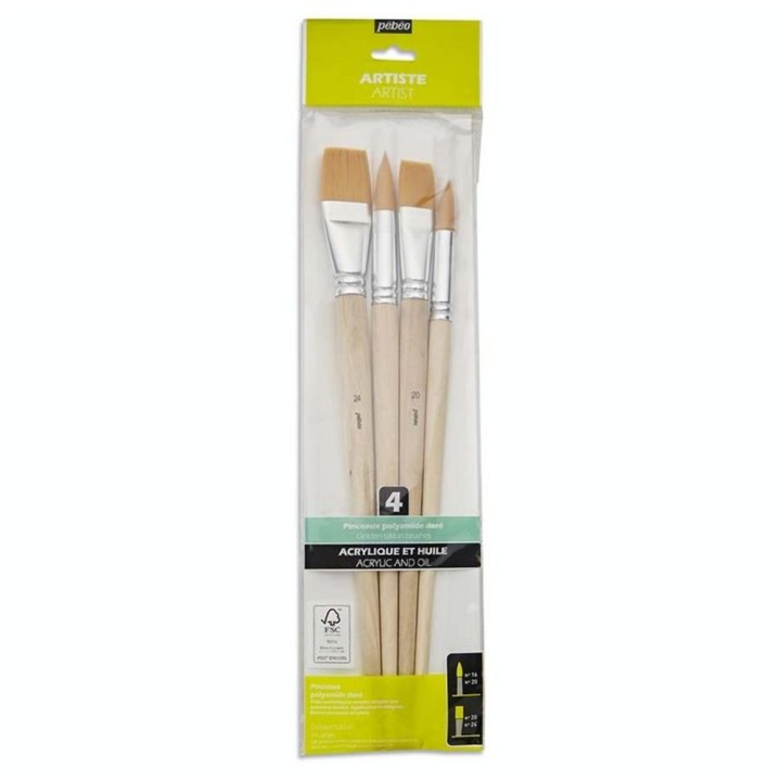 Pinceau long Synthétique Doré 4 pcs Plat + Rond - Pébéo - Rougier et Plé