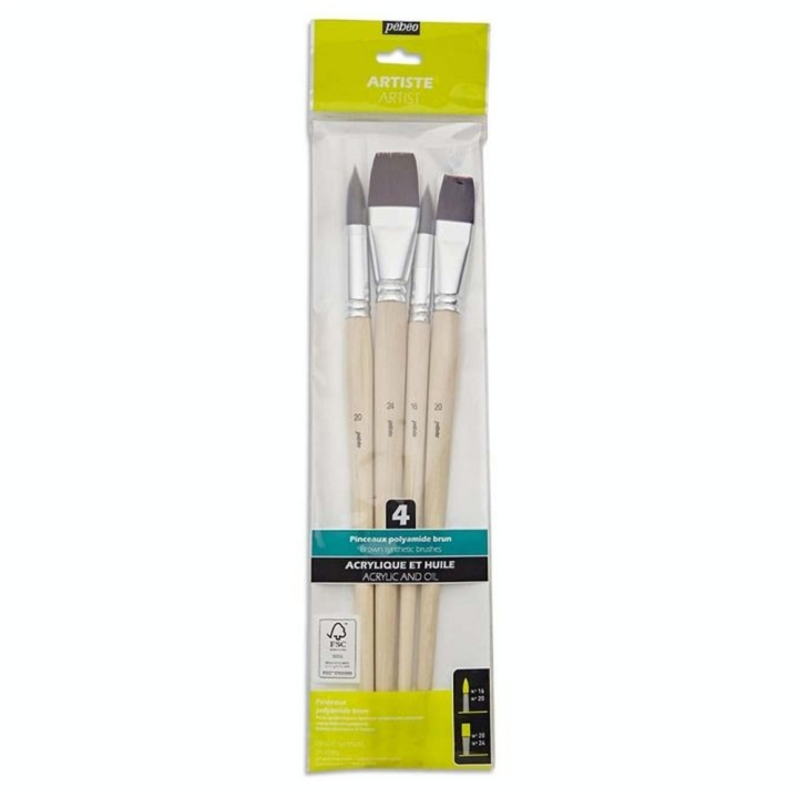 Pinceau long Synthétique Brun 4 pcs Plat + Rond - Pébéo - Rougier et Plé