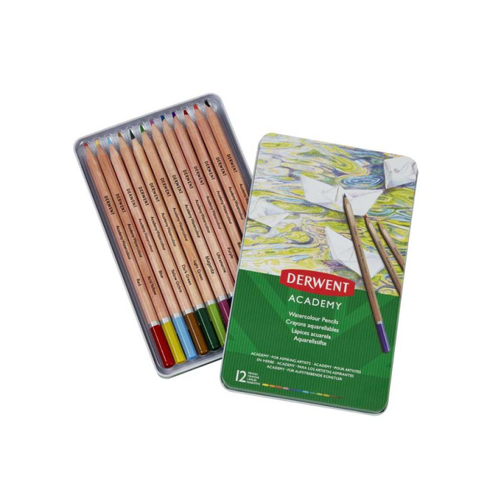 Crayon de couleur aquarellable Academy Boîte métal 12 pcs - Derwent - Rougier et Plé