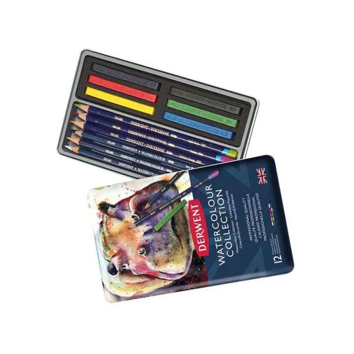 Crayon de couleur aquarellable Watercolour Collection Boîte métal 12 pcs - Derwent - Rougier et Plé