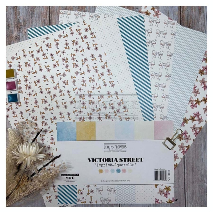 Papiers imprimés 21 x 29,7 cm 250 g/m² Victoria Street Les Imprimés-Aquarelle 6 pcs - Chou & Flowers - Rougier et Plé