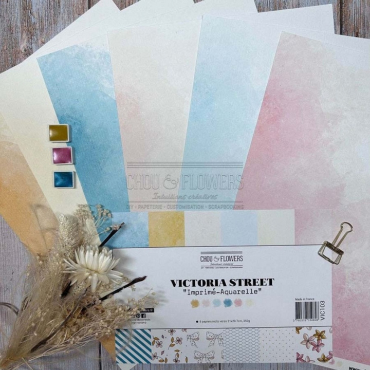 Papiers imprimés 21 x 29,7 cm 250 g/m² Victoria Street Les Imprimés-Aquarelle 6 pcs - Chou & Flowers - Rougier et Plé