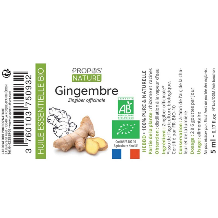 Huile essentielle Gingembre Bio 10 ml - Joli'Essence - Rougier et Plé