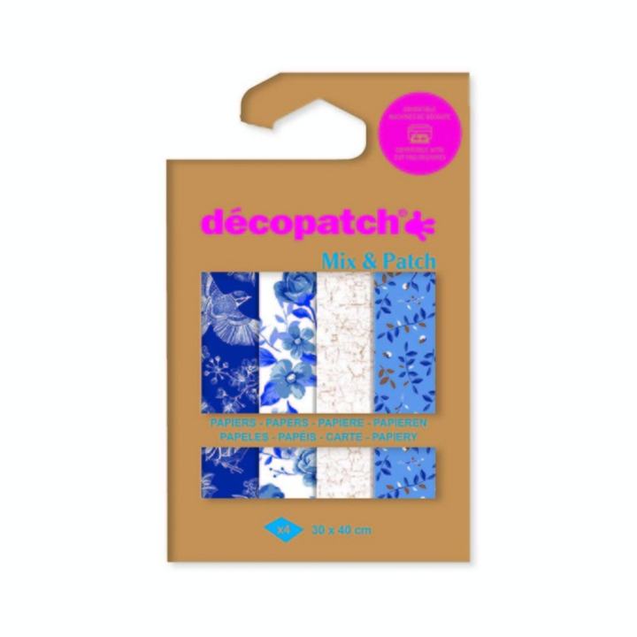 Papier Mix & Patch 30 x 40 cm 4 pcs Nuances de bleu - Décopatch - Rougier et Plé