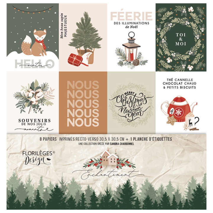 Kit papiers imprimés 30,5 x 30,5 cm 250 g/m² Enchantement 9 pcs - Florilèges Design - Rougier et Plé