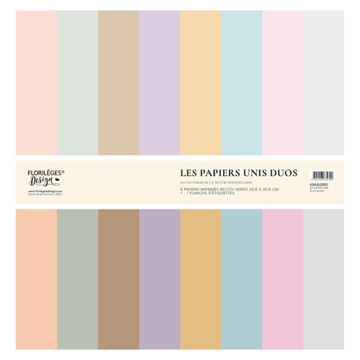 Kit de papiers imprimés unis 30,5 x 30,5 cm 250 g/m² À petits pas - Duo Pastel 9 pcs - Florilèges Design - Rougier et Plé