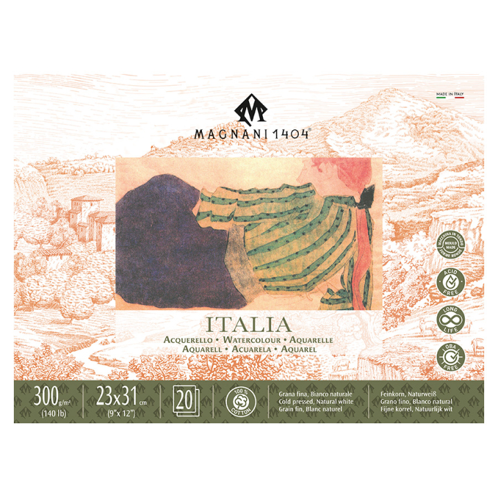 Bloc papier aquarelle 300 g/m² Grain fin Italia Blanc naturel - Magnani 1404 - Rougier et Plé