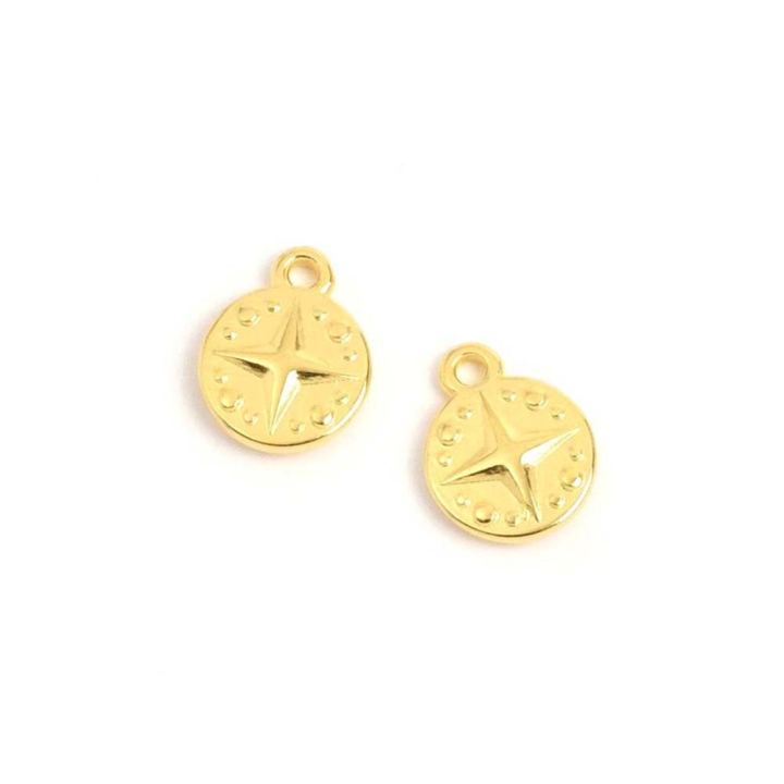 Pendentifs Rond Étoile sertie 10 x 12,4 mm Doré à l'or fin 24K - 2 pcs - Perles Corner - Rougier et Plé