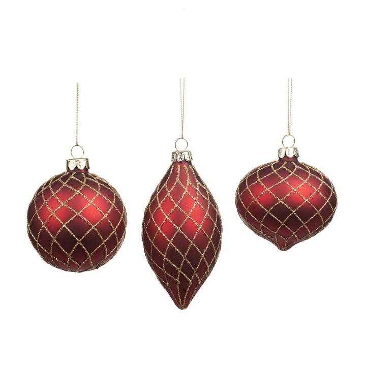 Boules de Noël 8 cm Rouge filigrane doré 3 pcs - Goodwill - Rougier et Plé