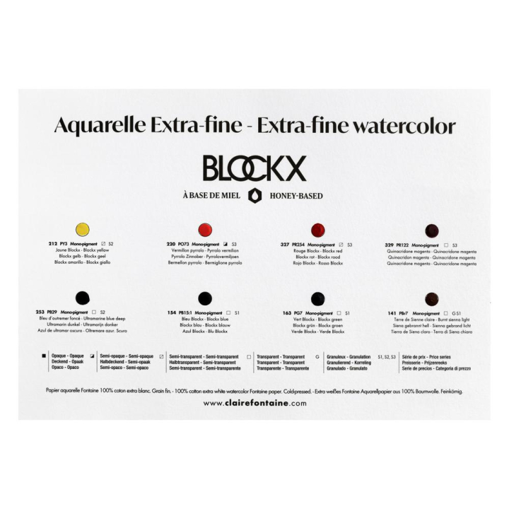 Carte nuancier A5 Aquarelle Extra-fine 8 couleurs - BLOCKX - Rougier et Plé