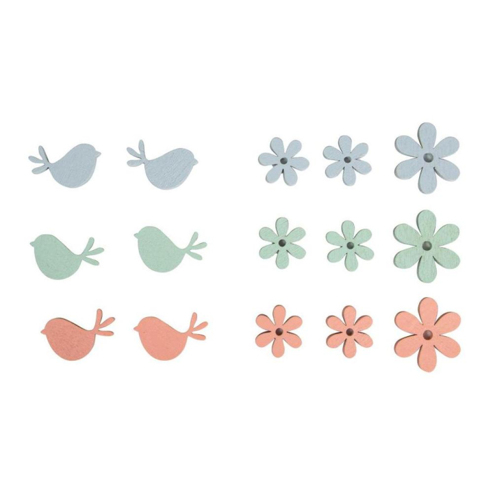 Miniatures adhésives en Bois coloré - Fleur et oiseau - 15 pcs - Rayher - Rougier et Plé