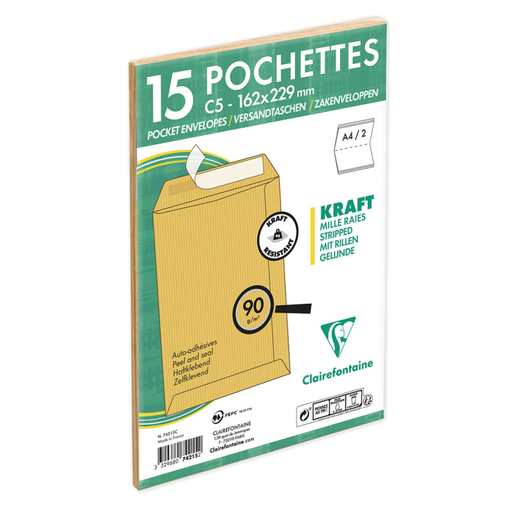 Enveloppe auto-adhésive 16.2 x 22.9 cm Kraft brun 15 pcs - Clairefontaine - Rougier et Plé
