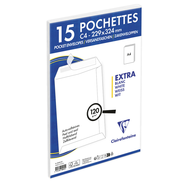 Enveloppe adhéclair 22.9 x 32.4 cm Blanc 15 pcs - Clairefontaine - Rougier et Plé