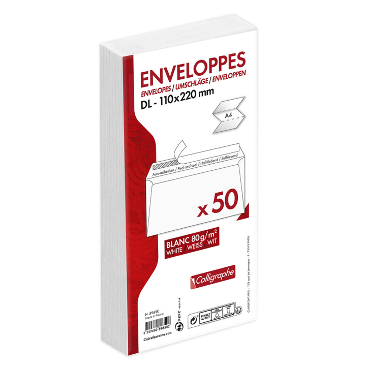 Enveloppe auto-adhésive Calligraphe 11 x 22 cm Blanche 50 pcs - Clairefontaine - Rougier et Plé